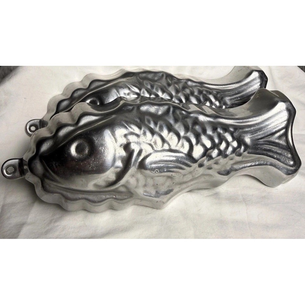 Set Of 2 - Vintage Aluminum Fish Mold Aspic Mousse Jello Hanging Wall Decor